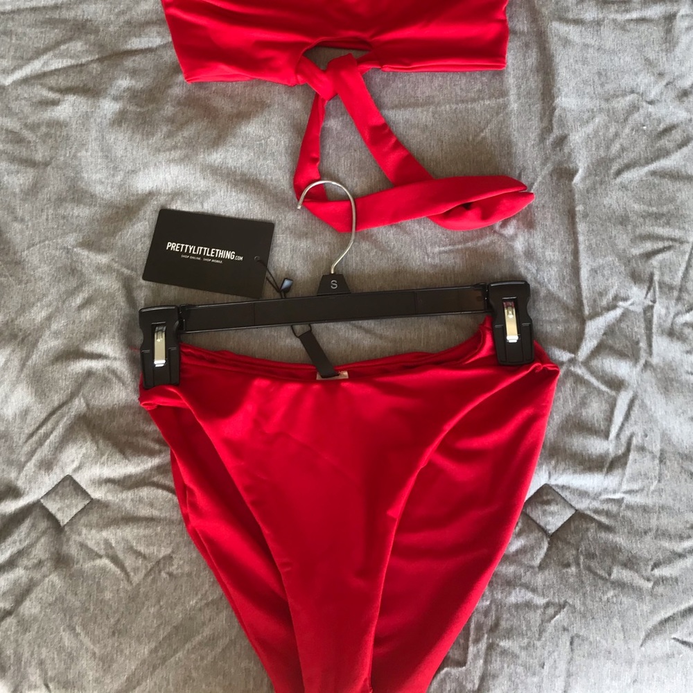 High wasted red bathing suit bottoms